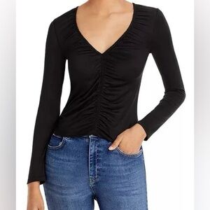Aqua Black Ruched Top Blouse Long Sleeve V-Neck Size S Small MSRP $58
